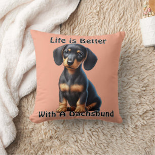 Dachshund Puppy Sitting and Looking with Innocent  Throw Pillow
