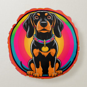 Dachshund Puppy Surrounded by Vibrant Rainbow Round Pillow