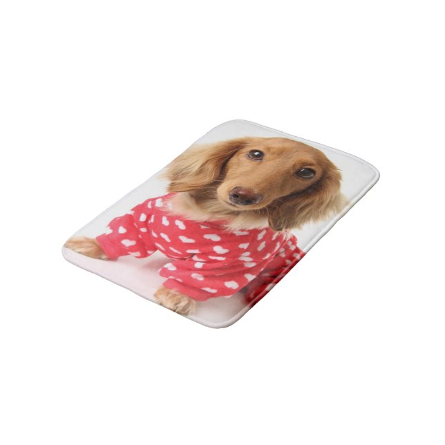 Dachshund Puppy Wearing Valentine's Outfit Bath Mat (Angled)