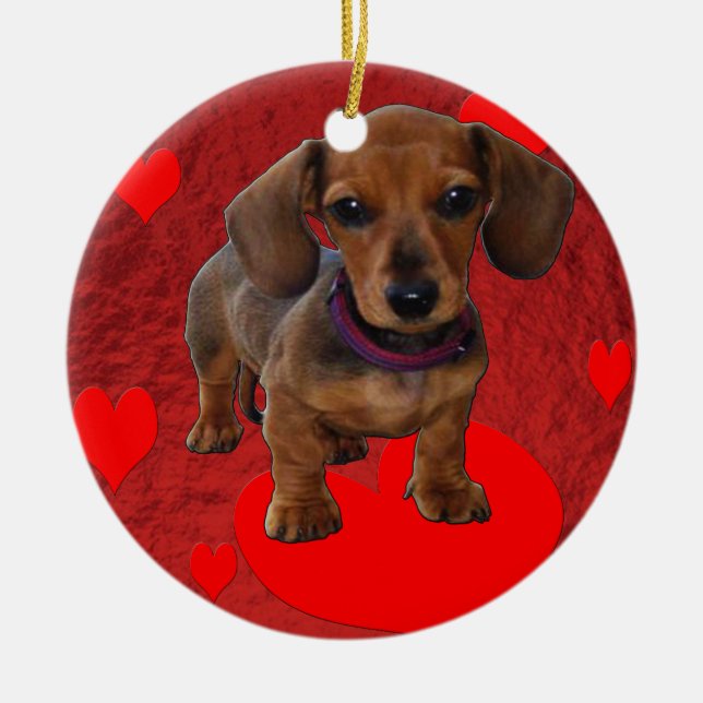 DACHSHUND Puppy with Hearts Ceramic Ornament (Front)