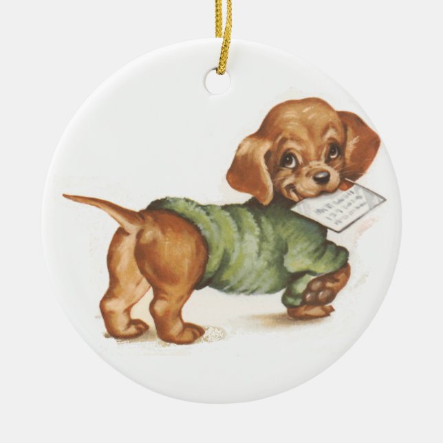 Dachshund puppy with letter ceramic ornament (Front)