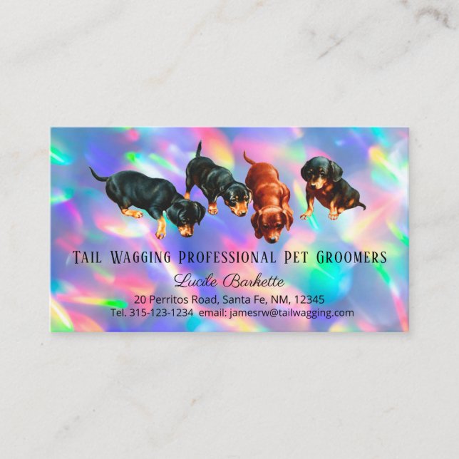 Dachshund Pups Pet Grooming Holographic Rainbow Business Card (Front)