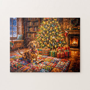 Dachshund Resting Beside Cozy Christmas Tree Firep Jigsaw Puzzle