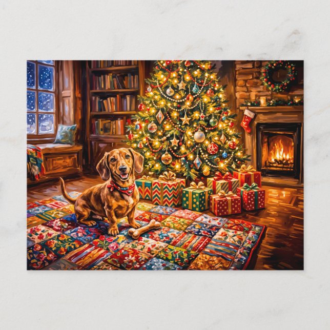 Dachshund Resting Beside Cozy Christmas Tree Firep Postcard (Front)
