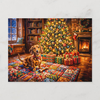 Dachshund Resting Beside Cozy Christmas Tree Firep Postcard