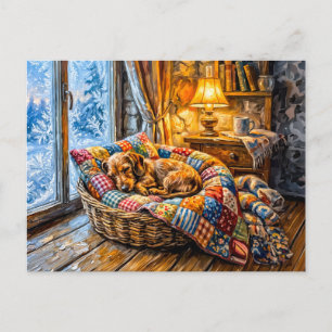 Dachshund Resting in Cozy Winter Window Basket Postcard