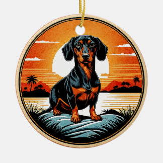 Dachshund Retro Sunset Dog Lover Ceramic Ornament