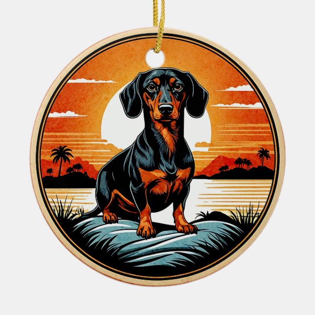 Dachshund Retro Sunset Dog Lover Ceramic Ornament (Front)