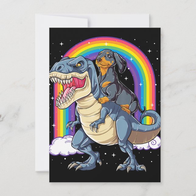 Dachshund Riding Dinosaur T Rex Gifts Boys Kids Me Invitation (Front)