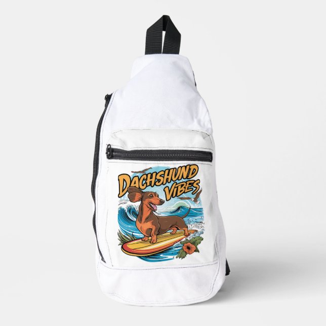 Dachshund Riding Surfboard Surfing Sling Bag (Front)