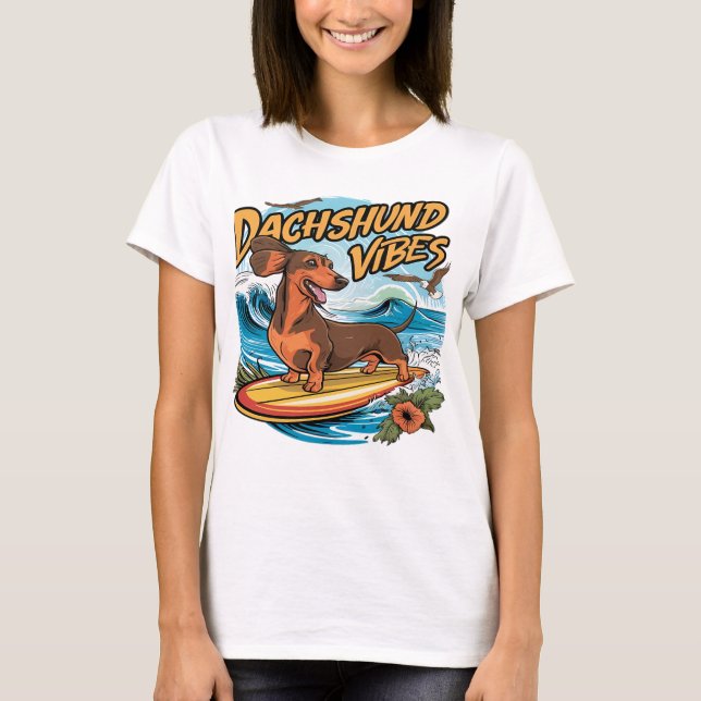 Dachshund Riding Surfboard Surfing T-Shirt (Front)