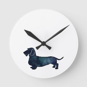 Dachshund Rough Coated Silhouette Watercolor Round Clock