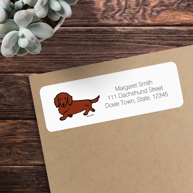 Dachshund roux à longs poils 1 (Red Long Haired Dachshund Return Address Label featuring Walking Dachshund.  Cute Cartoon Design.)