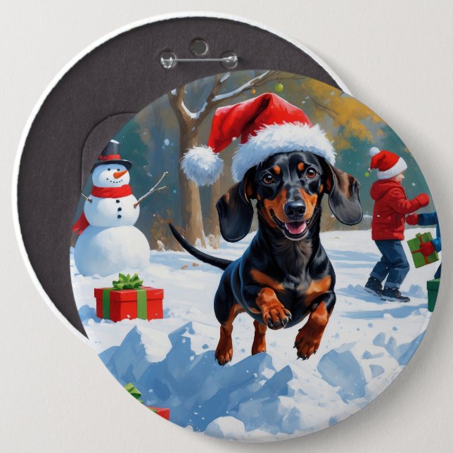 Dachshund Running in Snow with Christmas Hat 6 Inch Round Button (Front & Back)