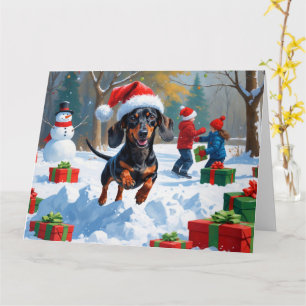 Dachshund Running in Snow with Christmas Hat Card