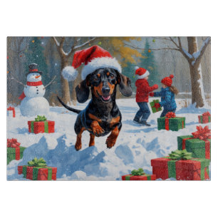 Dachshund Running in Snow with Christmas Hat Cutting Board