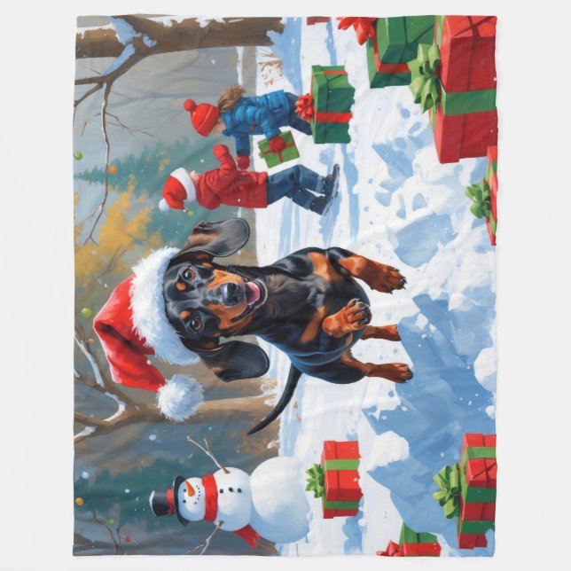 Dachshund Running in Snow with Christmas Hat Fleece Blanket (Front)