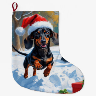 Dachshund Running in Snow with Christmas Hat Large Christmas Stocking