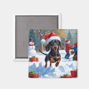 Dachshund Running in Snow with Christmas Hat Magnet