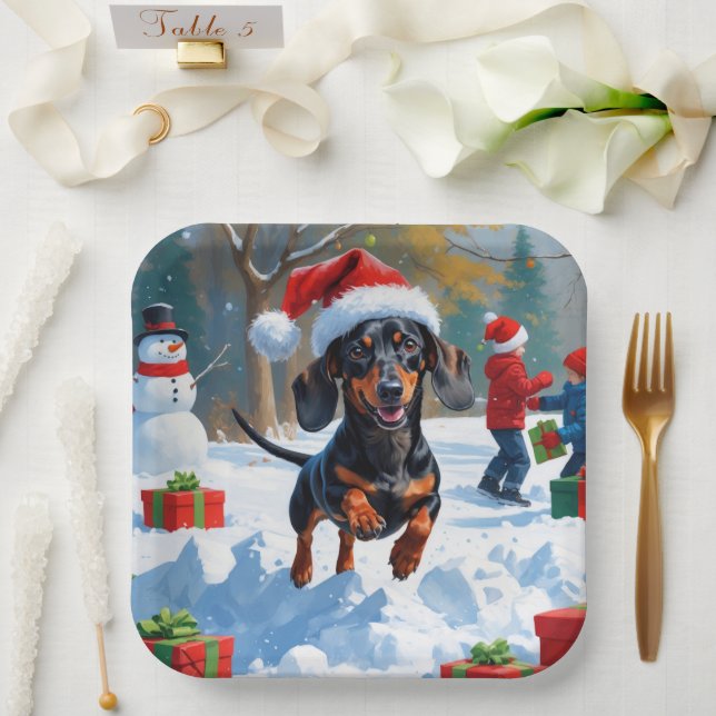 Dachshund Running in Snow with Christmas Hat Paper Plate (Wedding)