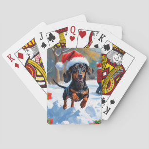 Dachshund Running in Snow with Christmas Hat Playing Cards