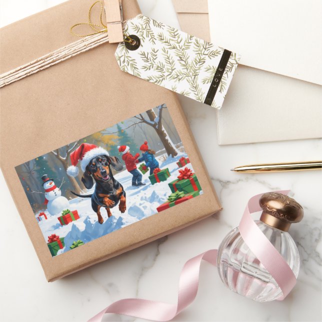 Dachshund Running in Snow with Christmas Hat Sticker (Gifting)