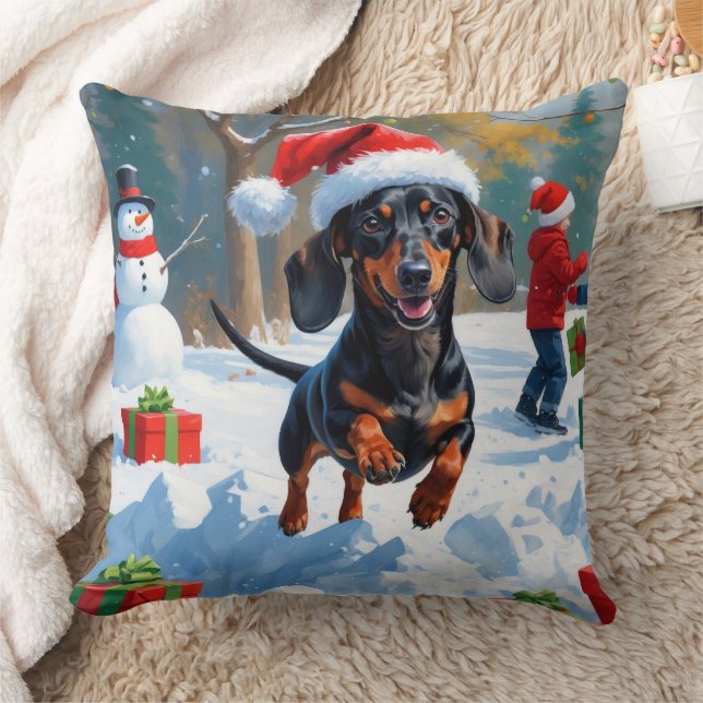 Dachshund Running in Snow with Christmas Hat Throw Pillow (Blanket)