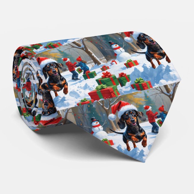 Dachshund Running in Snow with Christmas Hat Tie (Rolled)