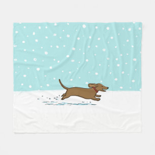 Dachshund Running in the Snow Wiener Dog Holiday Fleece Blanket