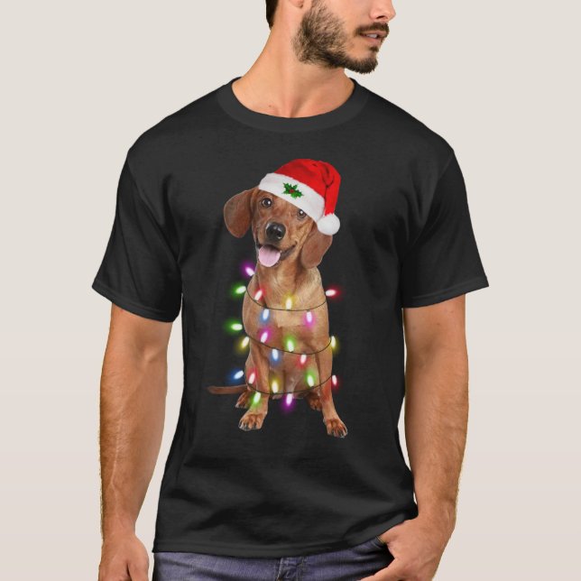 Dachshund Santa Christmas Tree Lights Xmas T-Shirt (Front)