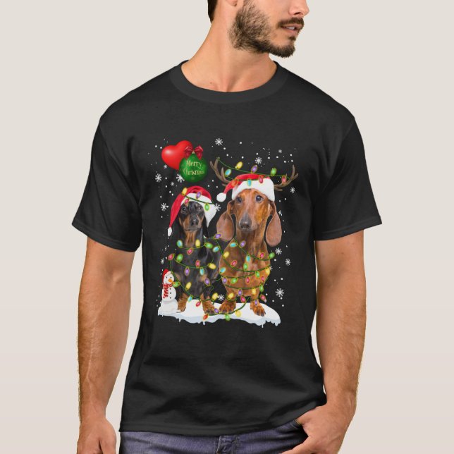 Dachshund  Santa Light Reindeer Hat in Snow Christ T-Shirt (Front)