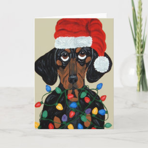 Dachshund Santa Tangled In Christmas Lights Holiday Card