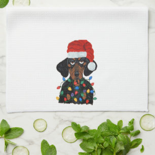 Dachshund Santa Tangled In Christmas Lights Kitchen Towel