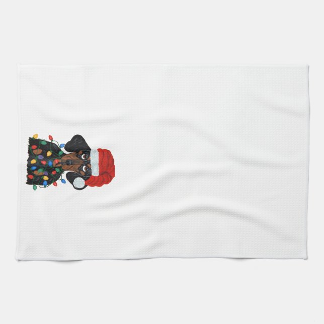 Dachshund Santa Tangled In Christmas Lights Kitchen Towel (Horizontal)