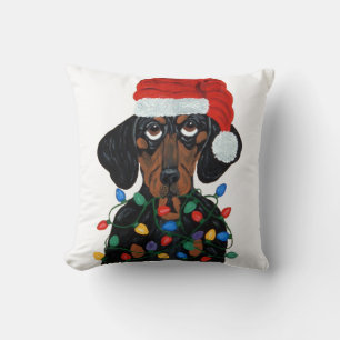Dachshund Santa Tangled In Christmas Lights Throw Pillow