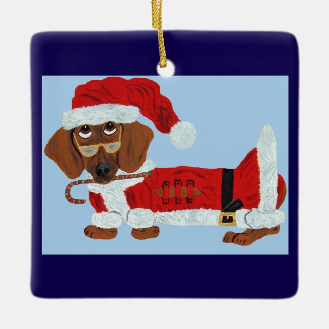 Dachshund Santa with a Candy Cane  Ceramic Ornament (Front)