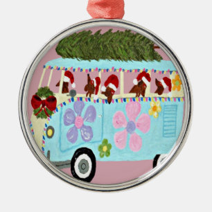 Dachshund Santas Christmas Van Metal Ornament