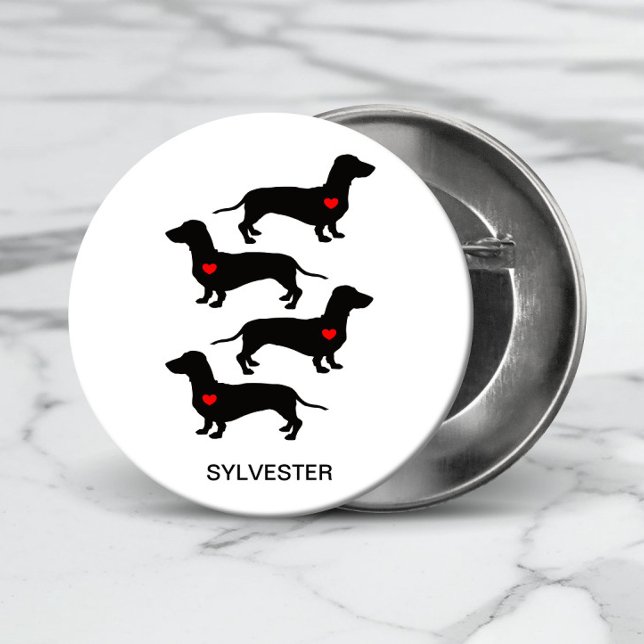Dachshund Sausage Dog Heart Monogram Name    1 Inch Round Button (Add a Name to personalize, or add other text, or remove if not required.)
