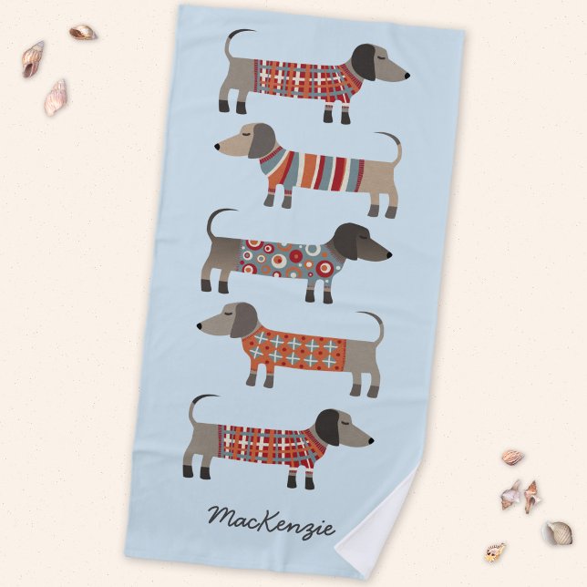 Dachshund Sausage Dog Personalized Beach Towel (Dachshund Wiener Sausage dog personalized beach towel)