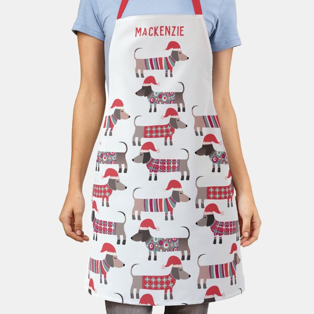 Dachshund Sausage Dog Personalized Holiday Apron (Fun Dachshund wiener sausage dog pattern personalized holiday apron)