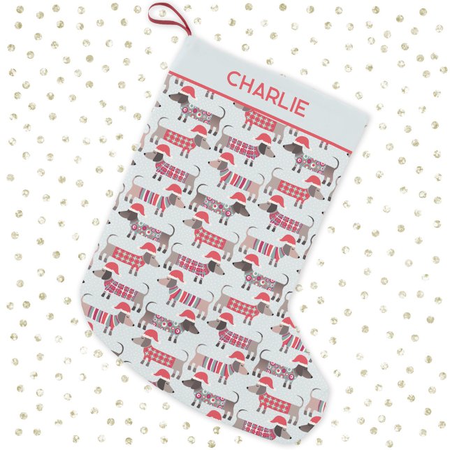 Dachshund Sausage Dogs Christmas Hats Personalized Small Christmas Stocking (Fun dachshund wiener sausage dogs in Santa Hats pattern personalized Christmas stocking)