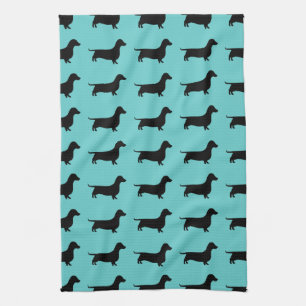 Dachshund Silhouette on Aqua Background Kitchen Towel