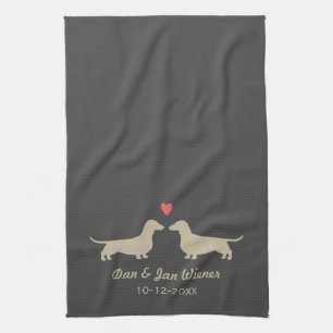 Dachshund Silhouettes with Heart Custom Wedding Kitchen Towel