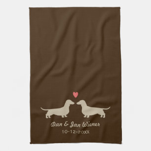 Dachshund Silhouettes with Heart Personalized Cute Kitchen Towel