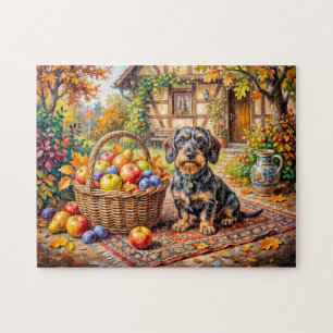 Dachshund Sitting Beside Fruit Basket Autumn Farmh Jigsaw Puzzle