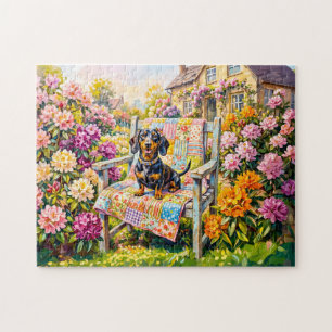 Dachshund Sitting on Floral Garden Bench Scene Jigsaw Puzzle