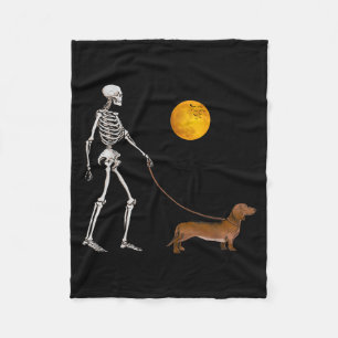 Dachshund Skeleton Dog Walking Halloween Costume Fleece Blanket