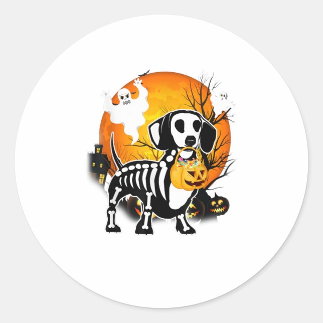 Dachshund Skeleton Halloween Happy Pumpkin Classic Round Sticker (Front)