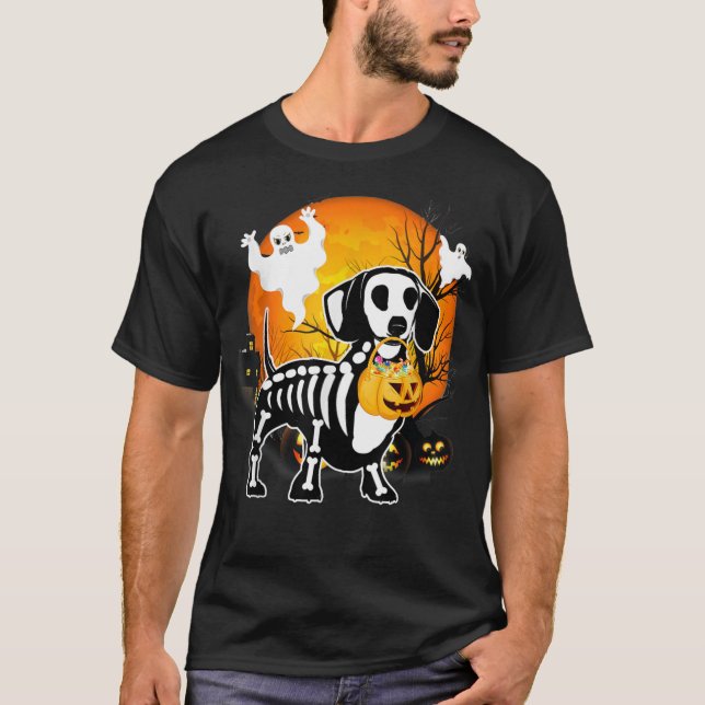 Dachshund Skeleton Halloween Happy Pumpkin T-Shirt (Front)