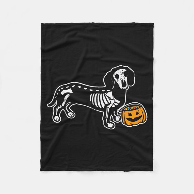 Dachshund Skeleton Jack O Lantern Funny Halloween Fleece Blanket (Front)